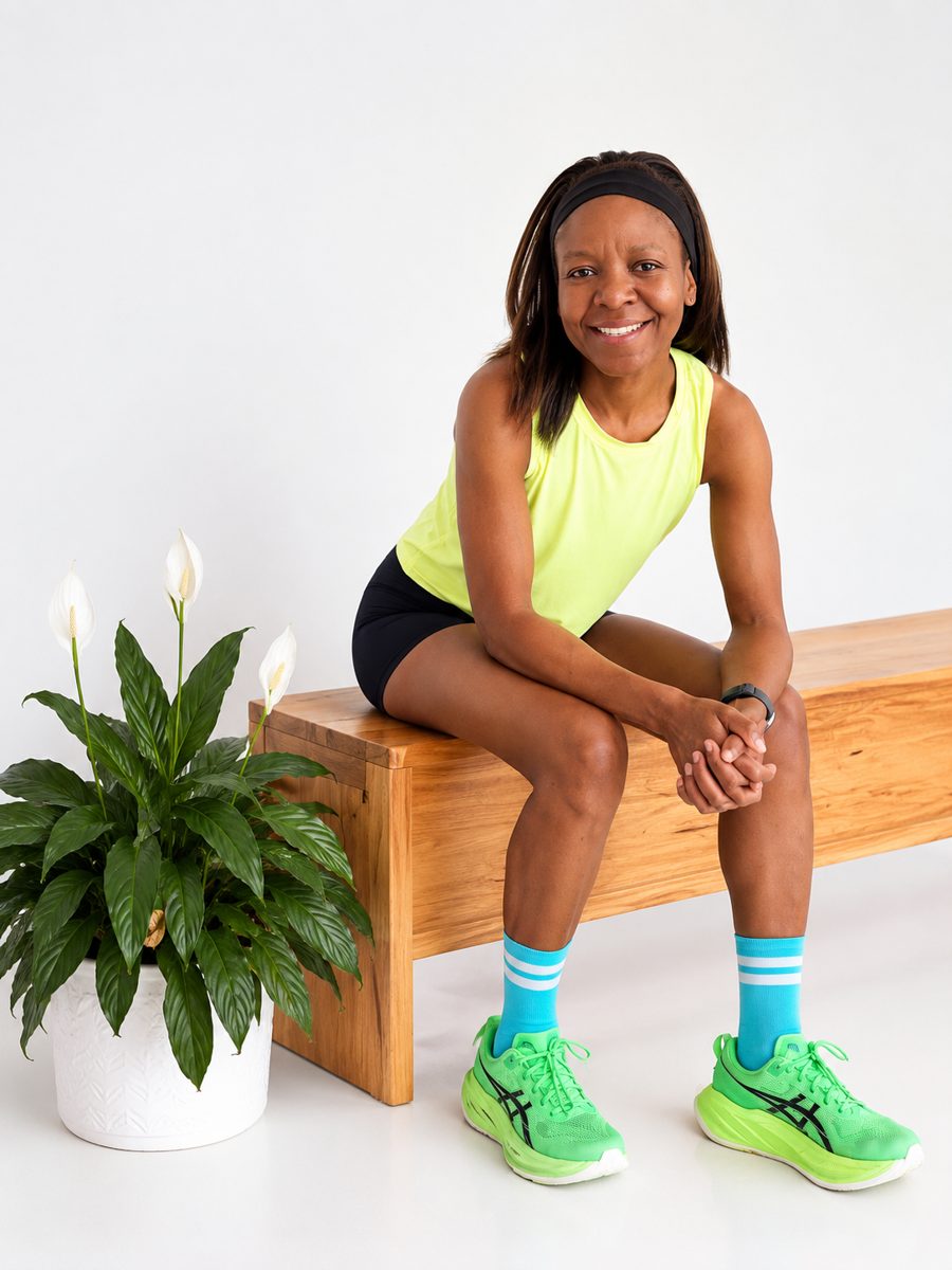 Smiling woman in green running shoes and a yellow top, seated on a wooden bench