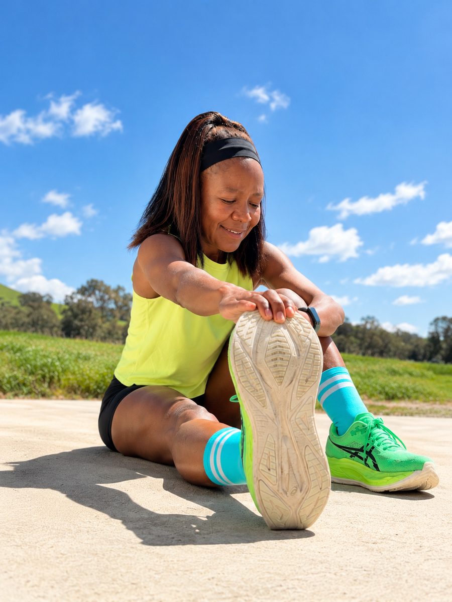Woman stretching outdoors on a sunny day in bright green running shoes